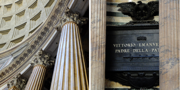 Dans le plafond du Panthéon, un oculus de 9 mètres de diamètre fait que lorsqu'il pleut, la pluie tombe dans l'édifice! A droite, le tombeau de Victor-Emmanuel II attire énormément de monde.